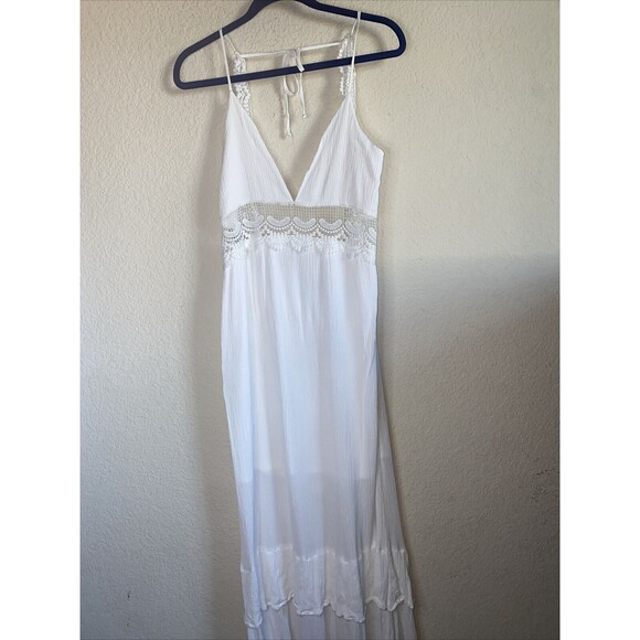 Justify White long maxi dress Crochet Lace Boho sexy Open Knit fairy whimsical L - Picture 1 of 9